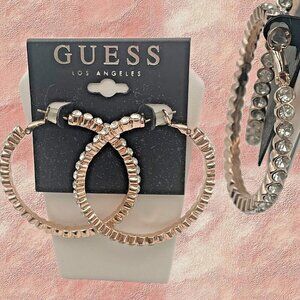 Guess Rose-Gold Large Textured Diamond Cut Outer Edge Crystals Hoop Earrings